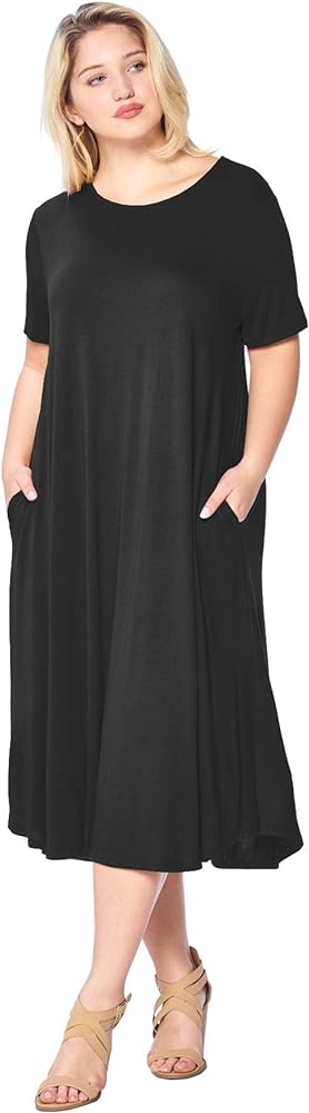 Modern Kiwi® Women's Plus Size Short Sleeve Flowy A-Line Pocket Midi Maxi Dress (1X-5X) Made in USA