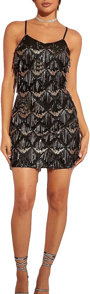 Verdusa Women's Sequin Spaghetti Strap Fringe Trim Contrast Tassel Cami Zipper Dress