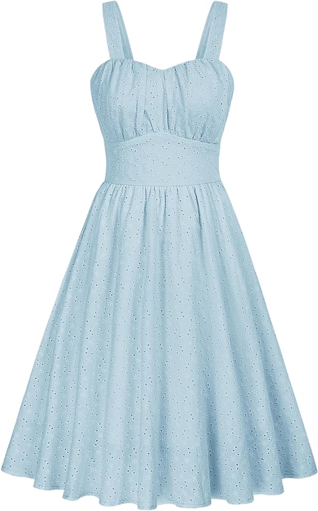 Belle Poque Women's Vintage Sleeveless Solid Ruched Summer Cotton Embroidery Cute A-Line Flowy Swing Midi Dress