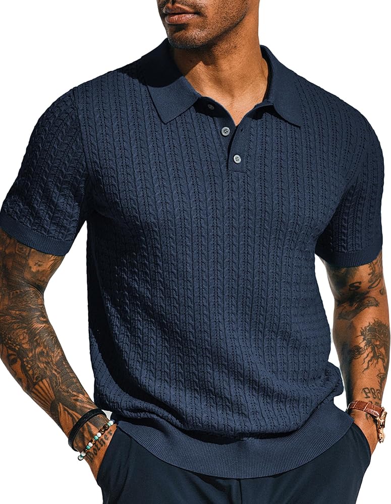 PJ PAUL JONES Mens Knit Polo Shirt Short Sleeve Hollow Out Knit Shirt Texture Knitted Polo