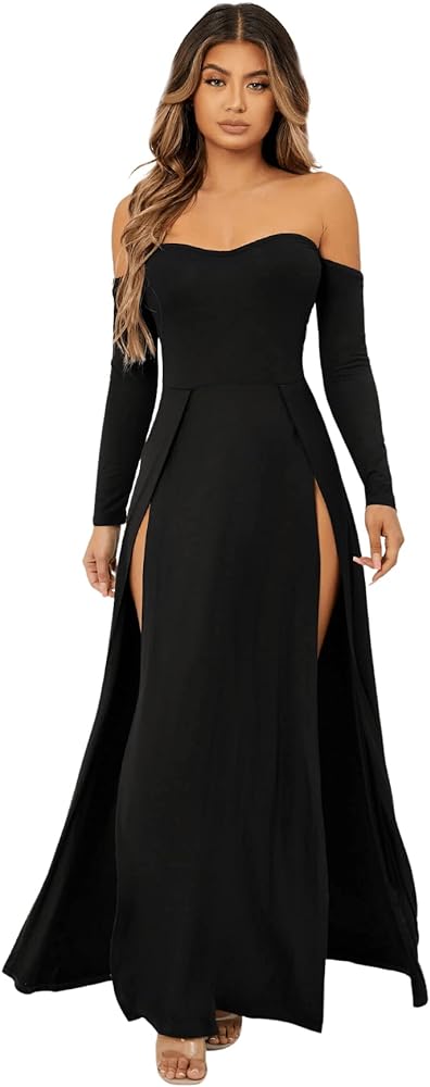 SweatyRocks Women's Elegant Off Shoulder Double High Slit Long Sleeve Dress A Line Maxi Dresses