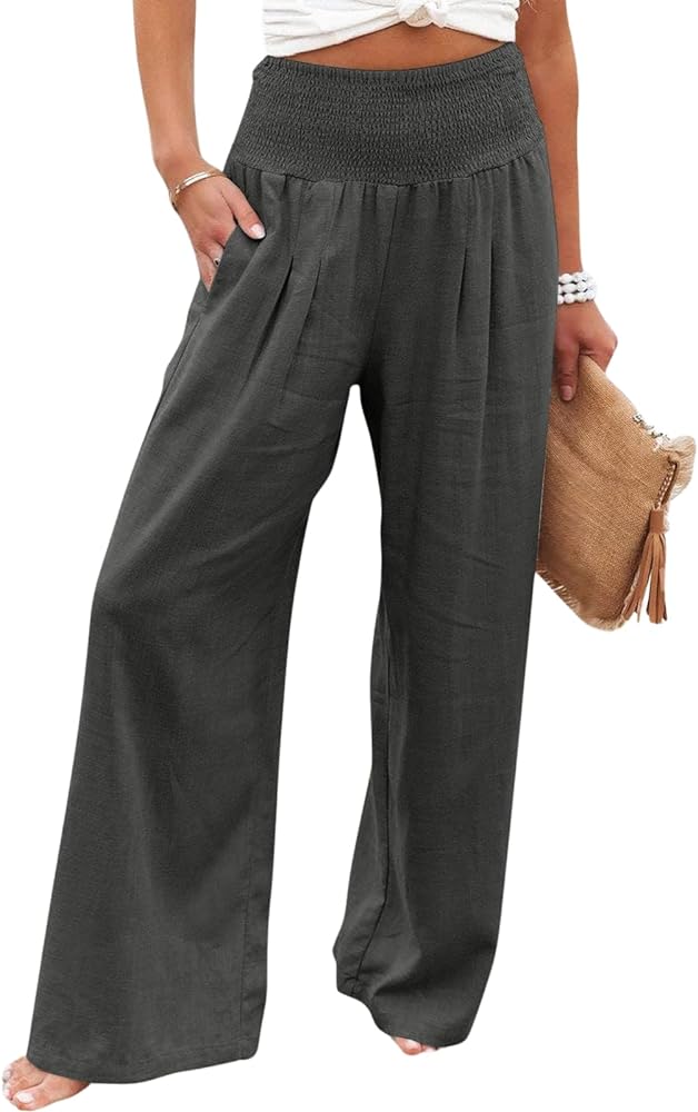 2024 Women Linen Palazzo Pants Wide Leg High Waist Lounge Summer Casual Boho Trousers Travel Vacation Outfits