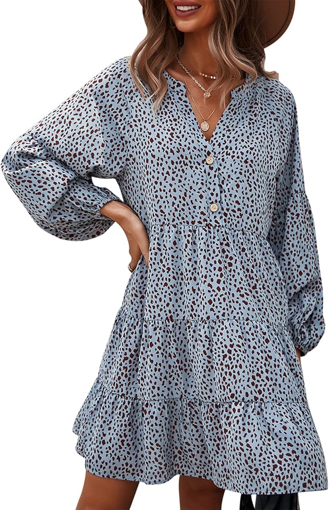 TEMOFON Womens Long Sleeve Dress: Leopard Printed Tunic Casual Loose V Neck Fall Flowy Mini Dresses S-XL