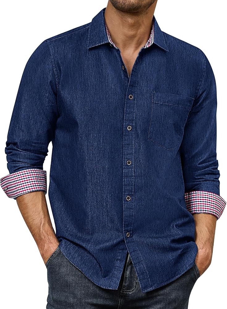 Alimens & Gentle Mens Denim Shirts Casual Button Down Shirts Long Sleeve Western Shirts Work Shirts Dress Shirts for Men