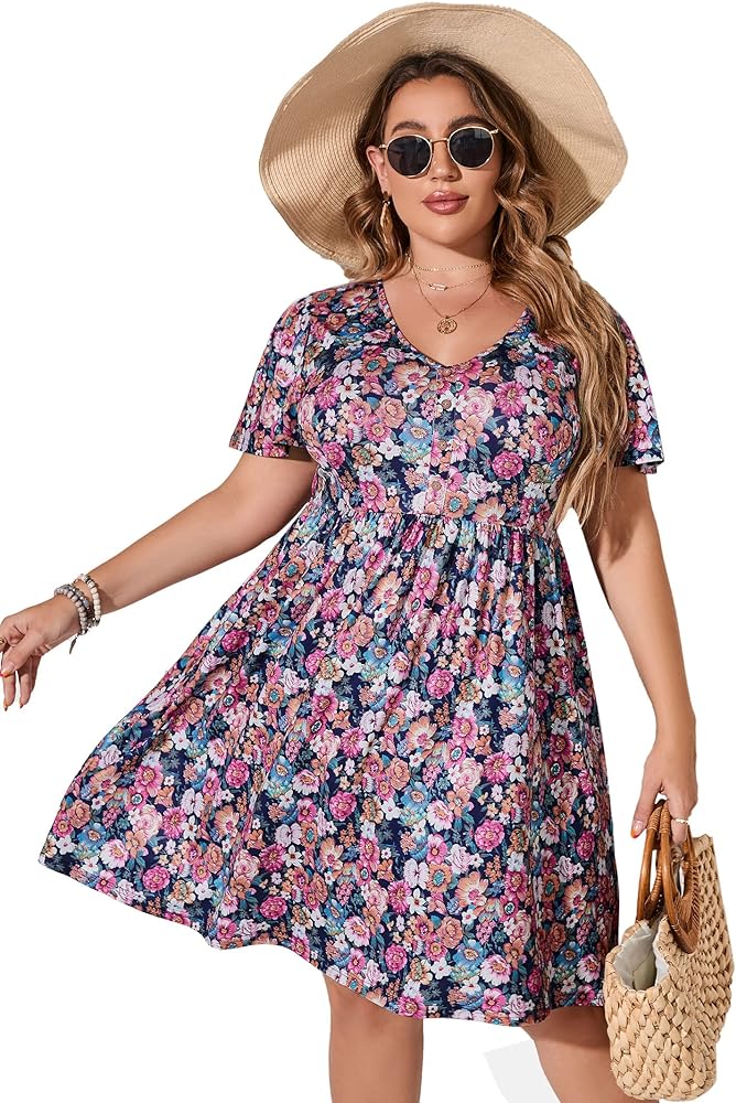 Plus Size Dress Women's V Neck Front Knotted Wrap A-Line Dress Plus Size Knee Length Midi Swing Dress for Curvy Women