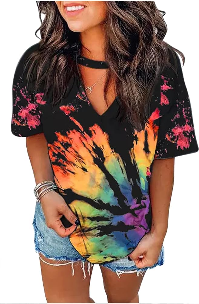 Sexy V Neck T Shirts for Women Tie Dye Hollow Out Blouse Tops Summer Loose Casual Shirt Country Music Graphic Tee Shirts