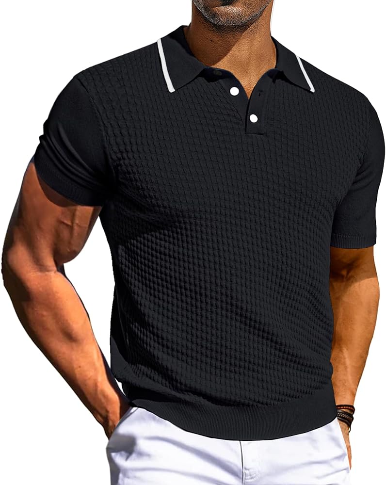 PJ PAUL JONES Men's Short Sleeve Knit Polo Shirts Waffle Texture Knit Shirt