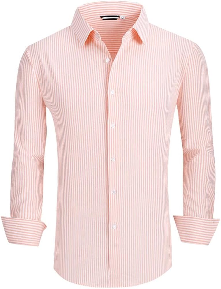 Damipow Mens Seersucker Dress Shirts Cotton Striped Casual Shirts for Men Button Down Shirt