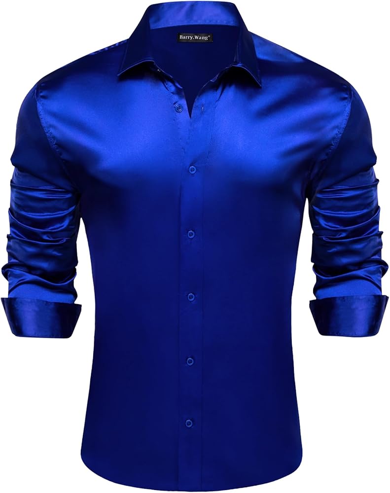 Barry.Wang Men's Button Down Shirt Business Casual Long Sleeve Silk Shirts Formal Wrinkle-Free Stretch Dress Shirts Tops