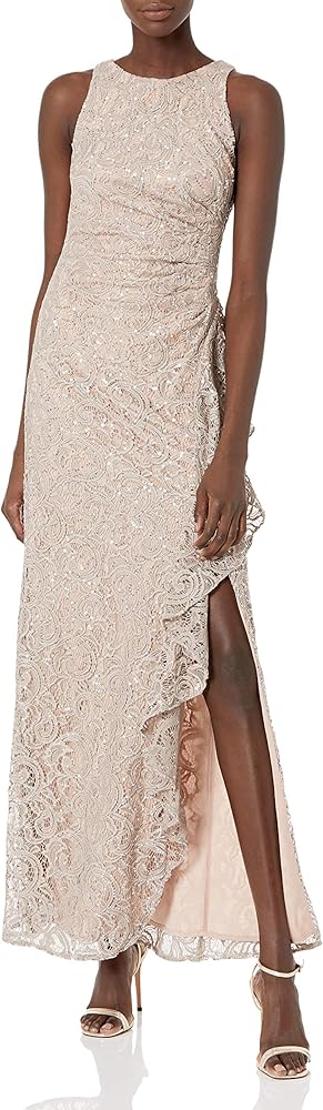 Alex Evenings Women's Long Sleeveless Mother of The Bride Dress W/Cascade Ruffle & Front Slit, (Petite and Regular Sizes)