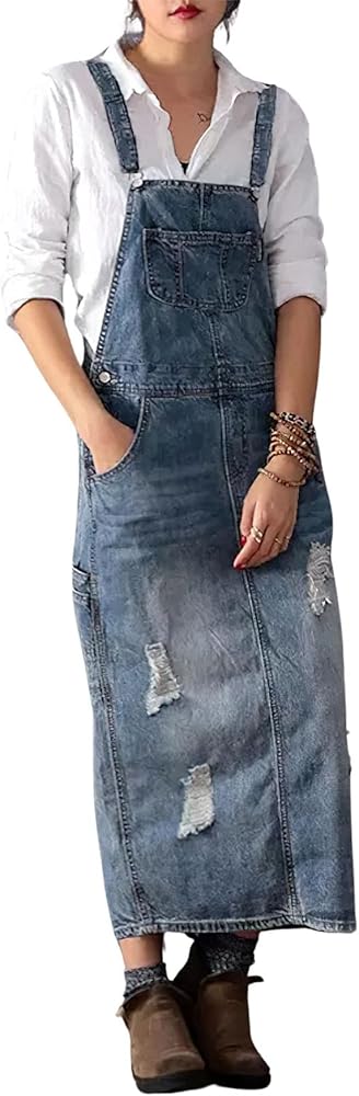 chouyatou Women's Adjustable Strap Distressed Denim Overall Dress A-Line Pinafore Jean Dress with Split