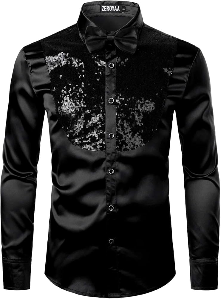 ZEROYAA Men's Shiny Sequins Design Silk Like Satin Button Up Disco Party Dress Shirts