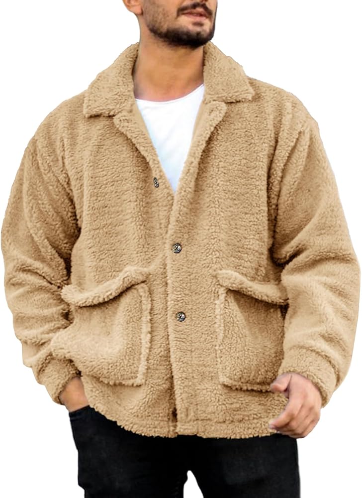 Runcati Mens Fuzzy Sherpa Jacket Fleece Long Sleeve Button Down Coat Fall Winter Warm Outwear