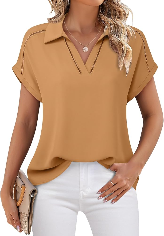 Timeson Women's Short Sleeve Chiffon Blouses Office Work Dress Shirts Business Casual Tops