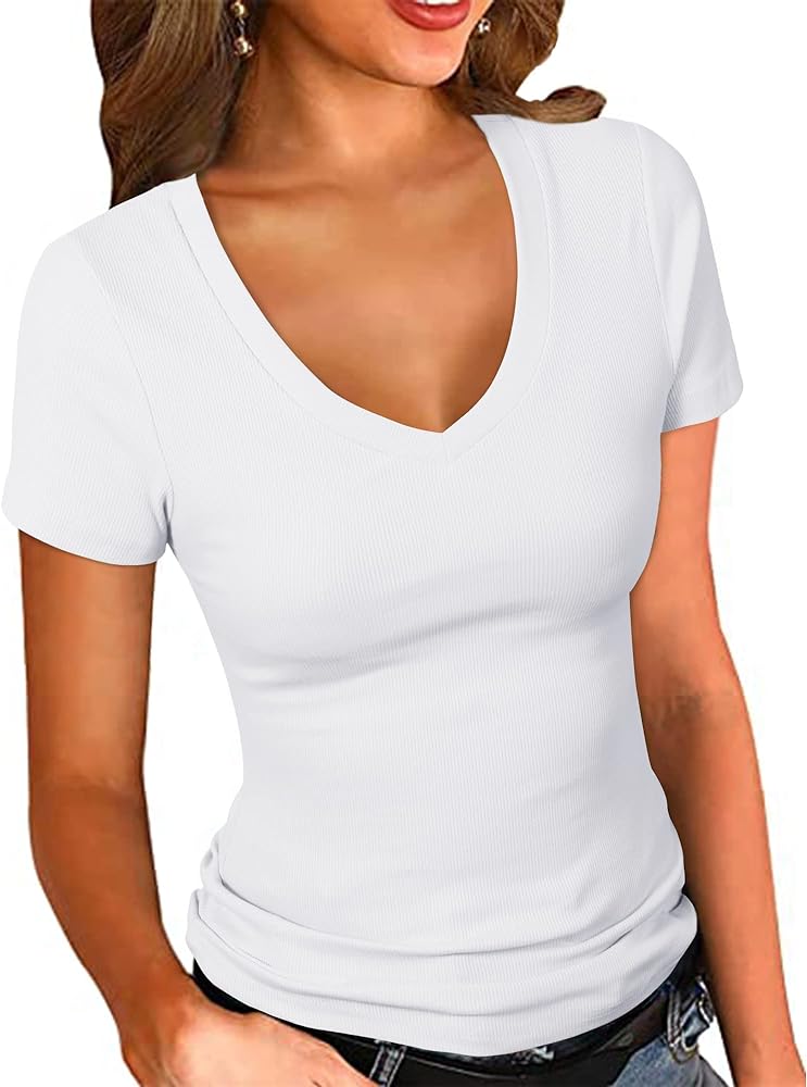 PALINDA Women's Short Sleeves Ribbed Fitted Shirt Basic V Neck Slim T Shirt Tops