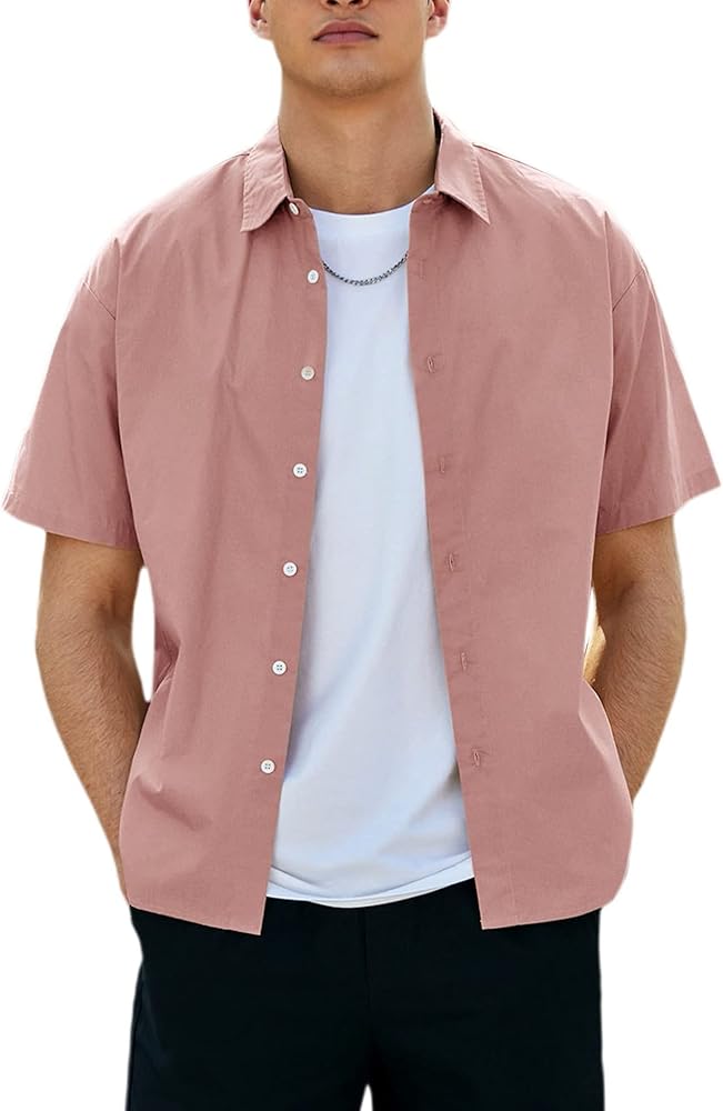 Verdusa Men's Casual Short Sleeve Button Down Summer Solid Tee Beach Shirts Dusty Pink L