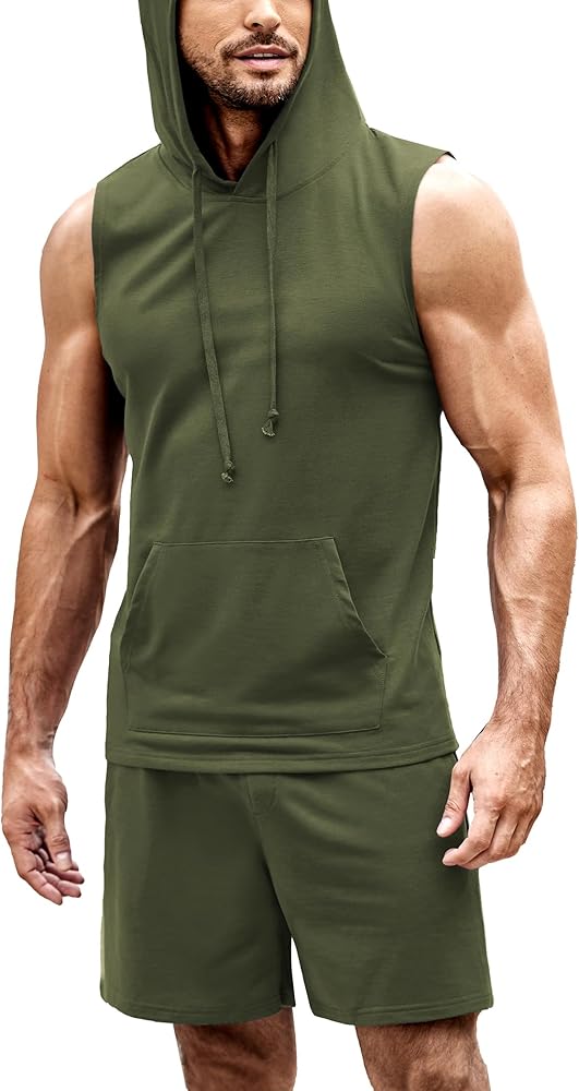 COOFANDY Men's Workout Hooded Tank Tops Sleeveless Gym Shirt Sweat Shorts Hoodie Set 2 Piece Outfits Jogging Suits