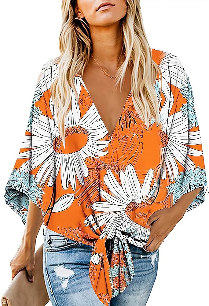 Women's Casual Floral Blouse Batwing Sleeve Loose Fitting Shirts Boho Knot Front Tops