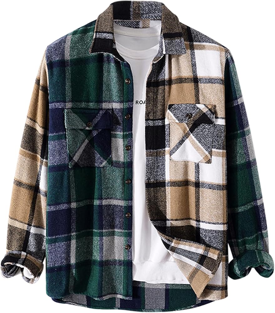 ZAFUL Mens Plaid Shirt,Long Sleeves,Classic Flannel Shirt Button Down Shirt Jacket Tops