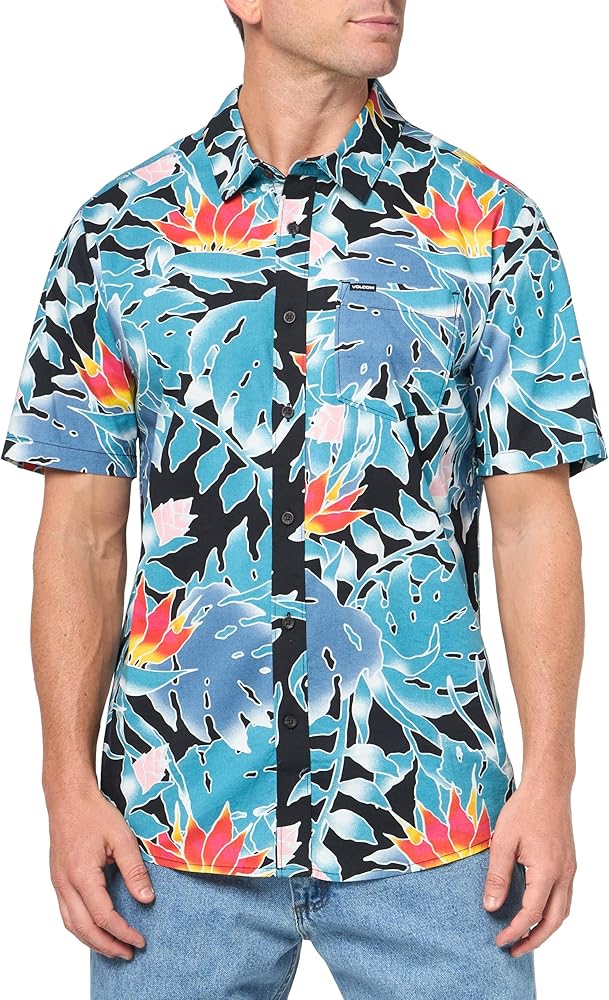 Volcom Men's Regular Marble Floral Short Sleeve Button Down Hawaiian Shirt