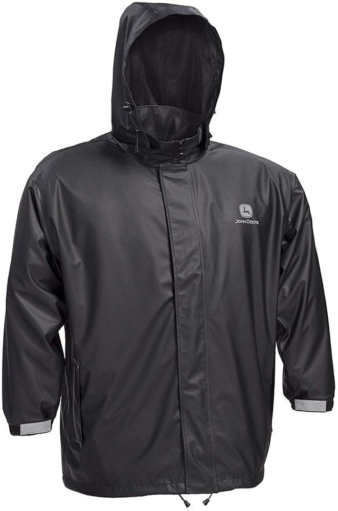 John Deere JD44540J Stretch PU Jacket, Mesh Lining, Reflective Logo with Tuck-in Hood, Black