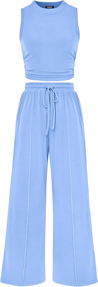 MASCOMODA Womens 2 Piece Outfits 2024 Summer Crewneck Sleeveless Cropped Tank Tops Wide Leg Long Pants Tracksuits Lounge Sets