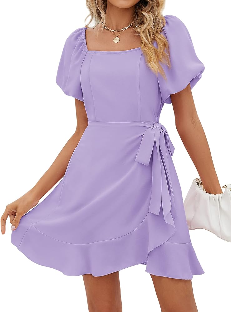 SAMPEEL Puff Sleeve Square Neck Summer Dress for Women 2024 Tie Waist Short Dresses