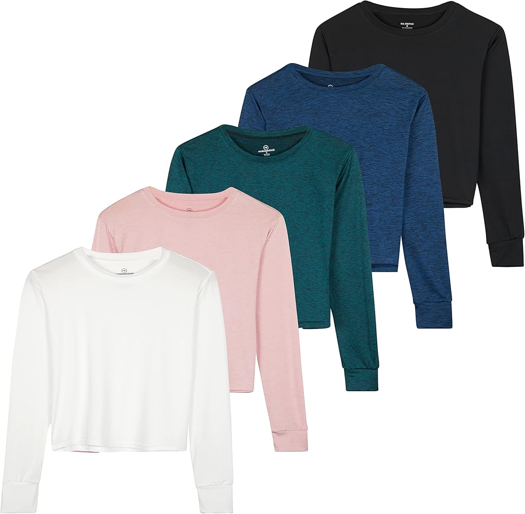 Real Essentials 5 Pack: Women's Dry Fit Crop Top - Long Sleeve Crew Neck Stretch Athletic Tee (Available in Plus Size)