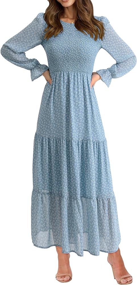 BTFBM Women Casual Long Sleeve Crew Neck Fall Dress Bohemian Relaxed Fit Floral Flowy Maxi Dresses Tiered Cocktail Dress