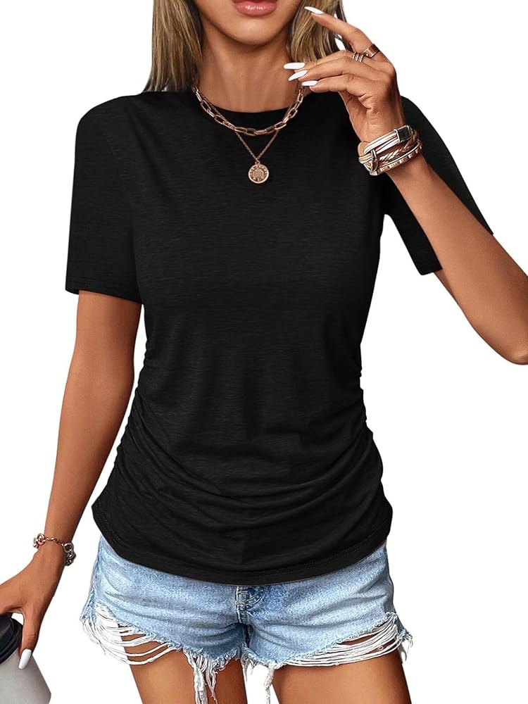 Womens Ruched Tops Short Sleeve Crewneck T Shirts Dressy Casual Spring Summer Tops for Women 2024