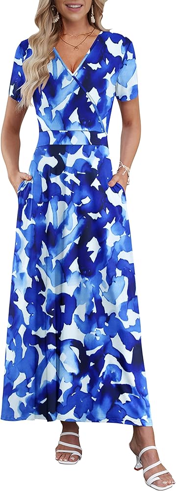 AUSELILY Women's Summer Maxi Dress Short Sleeve Floral Print Bohemian V Neck with Pockets