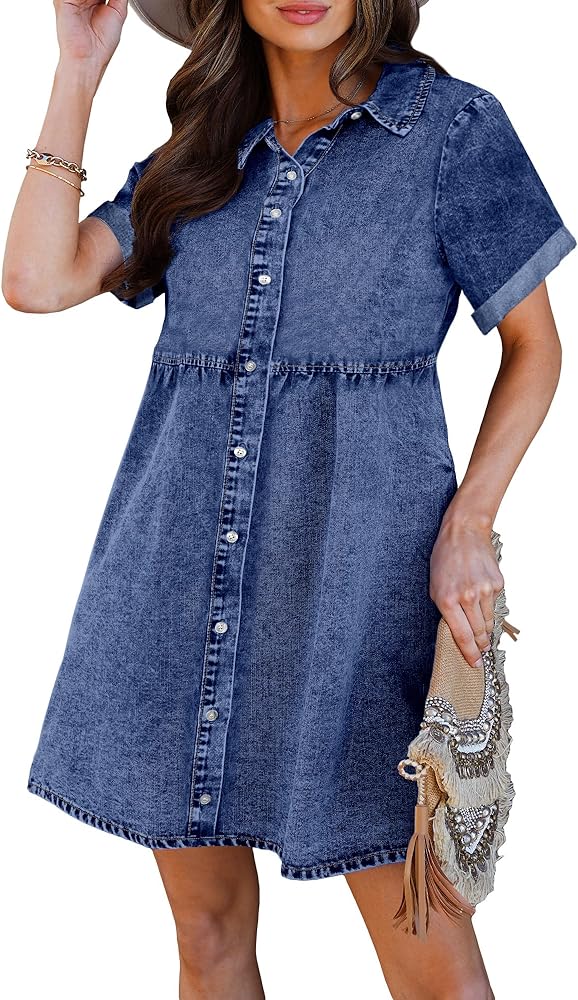 luvamia Women's Casual Short Sleeve Button Down Tiered Denim Babydoll Jean Dress