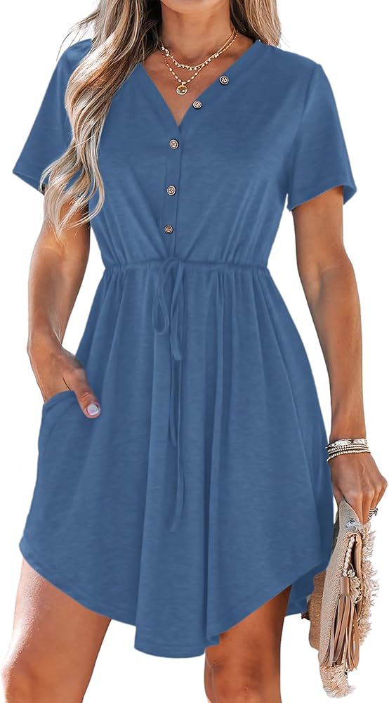 MISFAY Women Summer Dress Casual V Neck Short Sleeve Drawstring 2024 Mini Dresses with Pocket