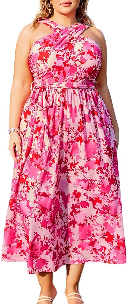 Hanna Nikole Plus Size Floral Dress Women Crossover Halter Neck Maxi Sleeveless Boho Casual Long Flowy Dress with Pockets