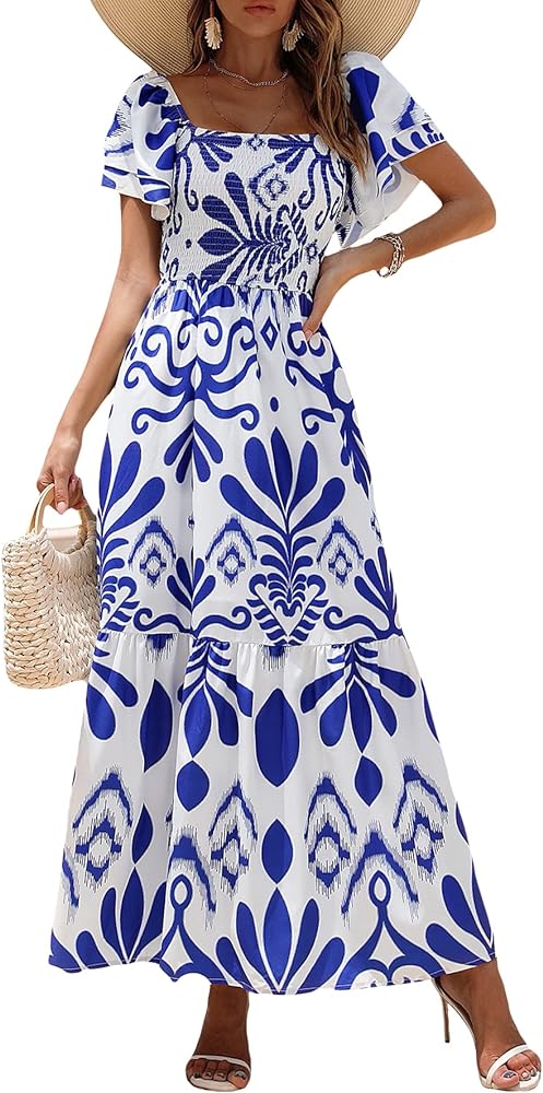 MakeMeChic Women's Floral Print Layered Short Sleeve Square Neck Ruffle High Waist A Line Summer Long Dress