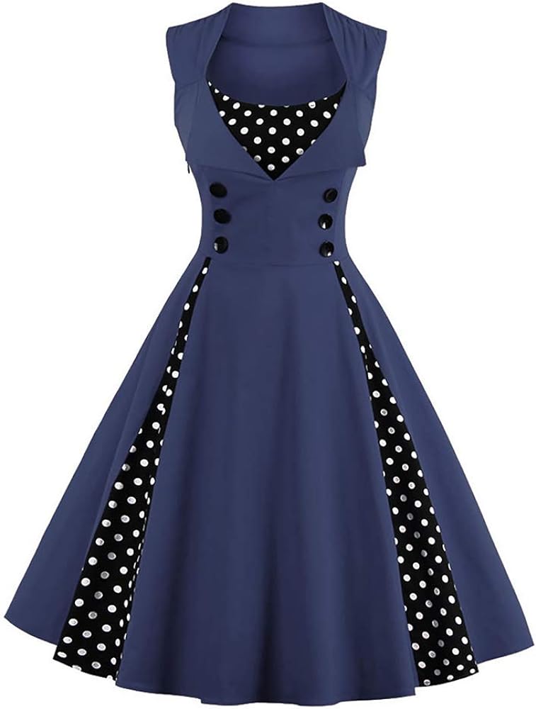 Women Vintage 1950s Rockabilly Swing Dress Notch Collar Sleeveless Polka Dot Floral Cocktail Dresses