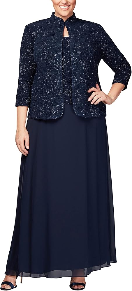 Alex Evenings Women's Long Dress with Mandarin Neckline Jacket (Regular Petite Plus)