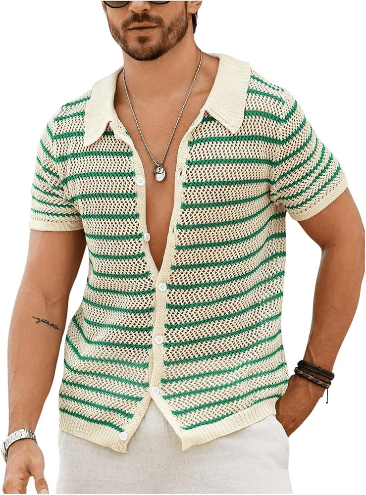 Verdusa Men's Hollow Out Knit Button Down Short Short Sleeve Striped Crochet Cardigan