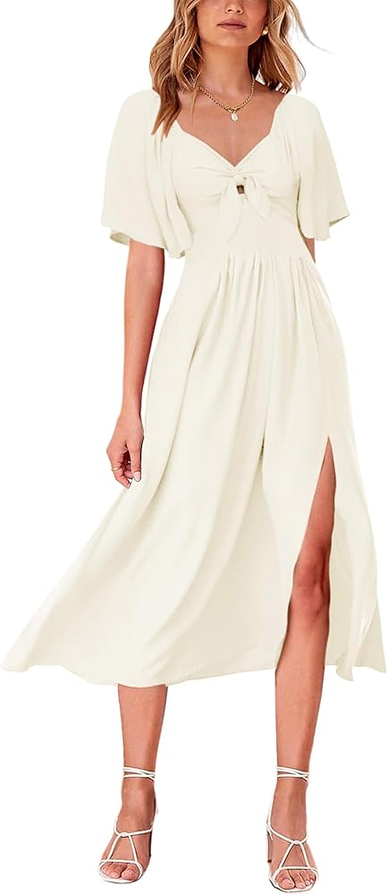 Womens Flowy Bow tie Front V Neck Midi Dress with Slit Casual Summer Long Graduation Dresses for Women 2024