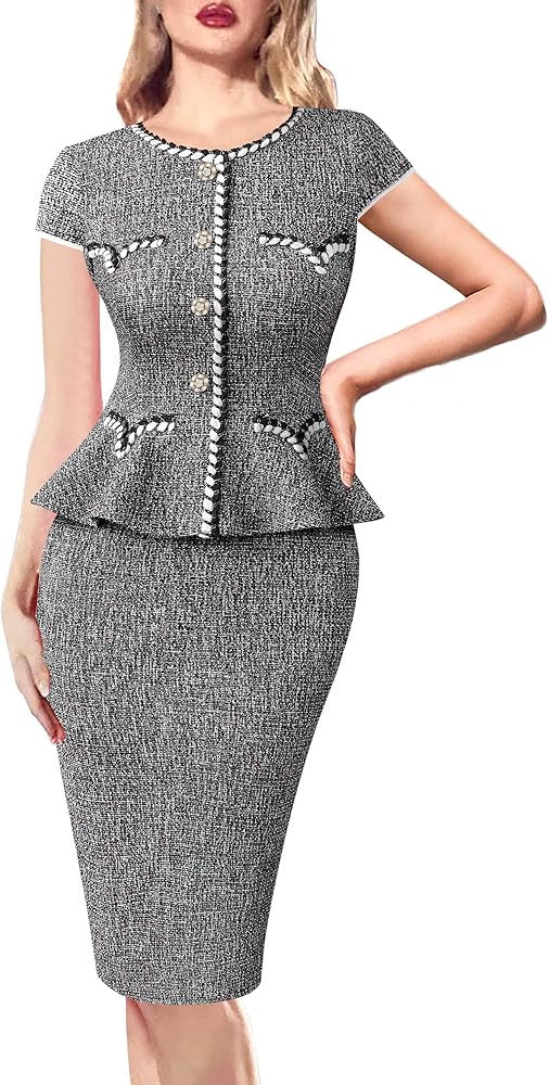 VFSHOW Womens Buttons Peplum Work Business Office Professional Patchwork Pencil Sheath Dress