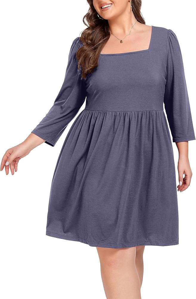 OLRIK Plus Size Dresses for Curvy Women 3/4 Sleeve Square Neck Fall Dresses Flowy Swing Empire Waist Dress 2023