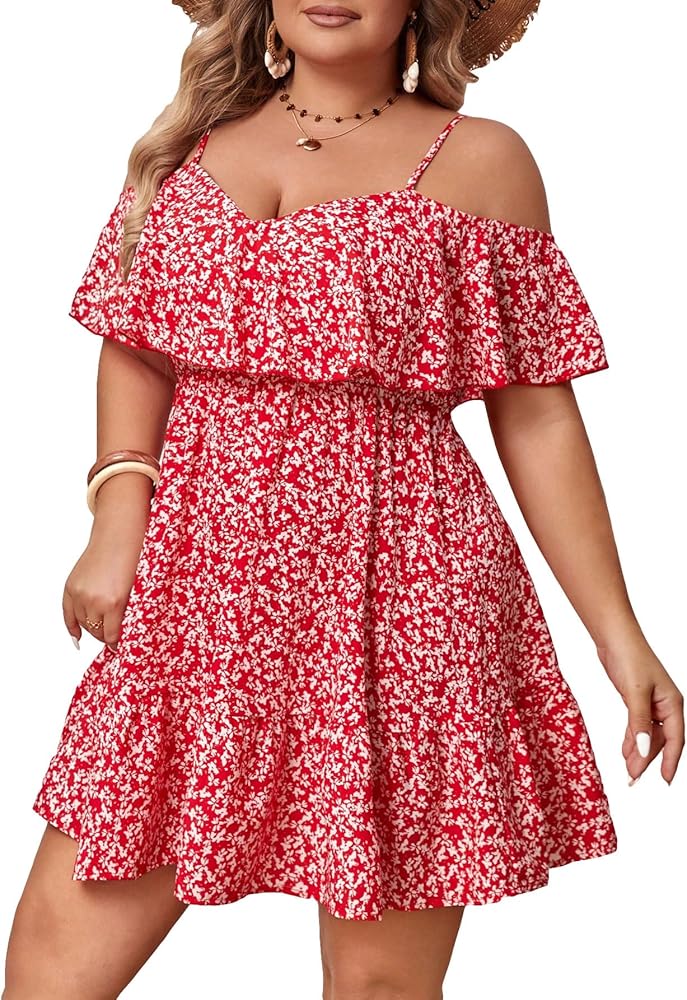 MakeMeChic Women's Plus Size Cold Shoulder Short Sleeve Floral Print A Line Ruffle Mini Summer Dress