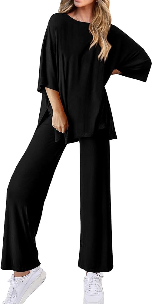 KIRUNDO Womens 2 Piece Outfits Lounge Set 2024 Casual Loose Short Sleeve Knit Pullover Tops and Wide Leg Pants Tracksuits