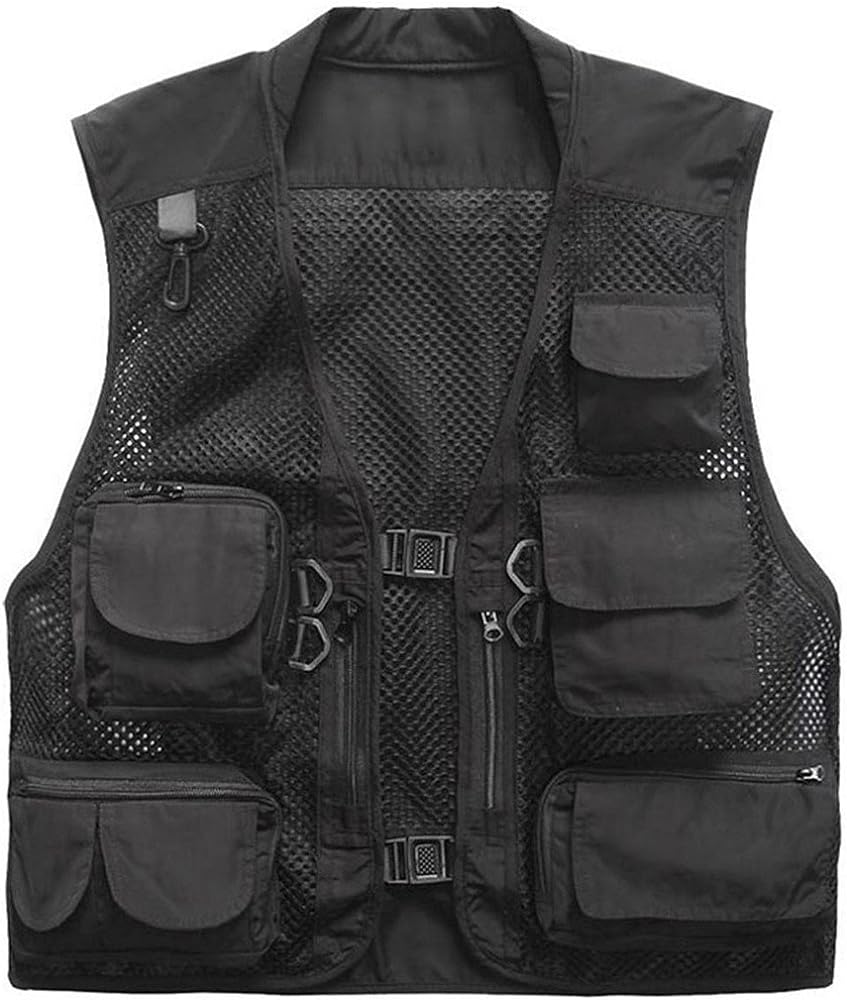 Men's Mesh Fishing Vest Multi Pockets Photography Outdoor Jacket (Black, L-US)