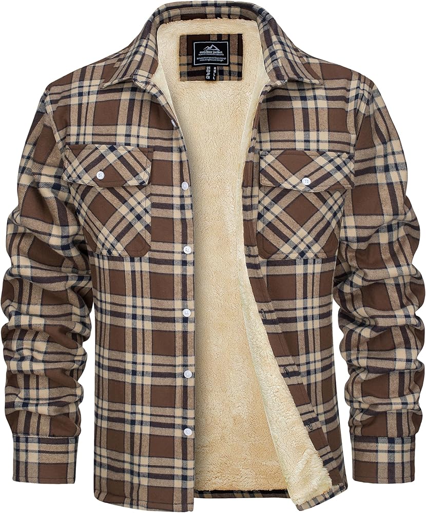 MAGCOMSEN Men's Flannel Shirt Jacket Fleece Lining Plaid Jacket Cotton Winter Coats