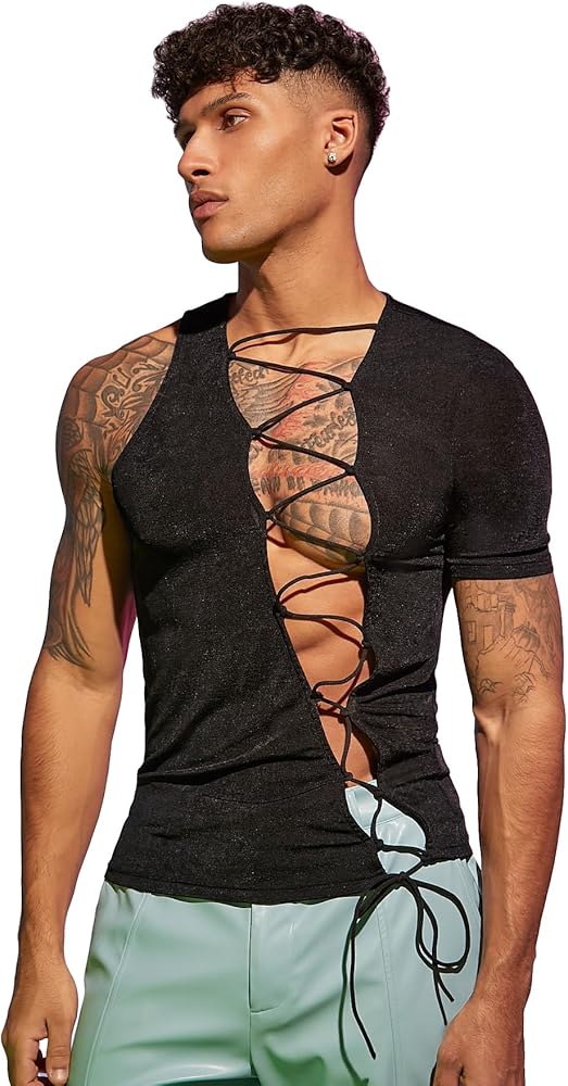 COZYEASE Men's Lace Up Asymmetrical Neck Tops Slim Fit T Shirts Disco Sequin Tops Party Club Night