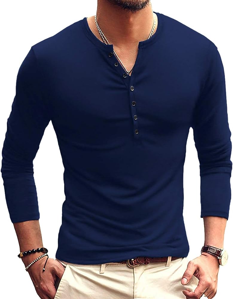 YTD Mens Casual Slim Fit Basic Henley Long Sleeve Fashion T-Shirt