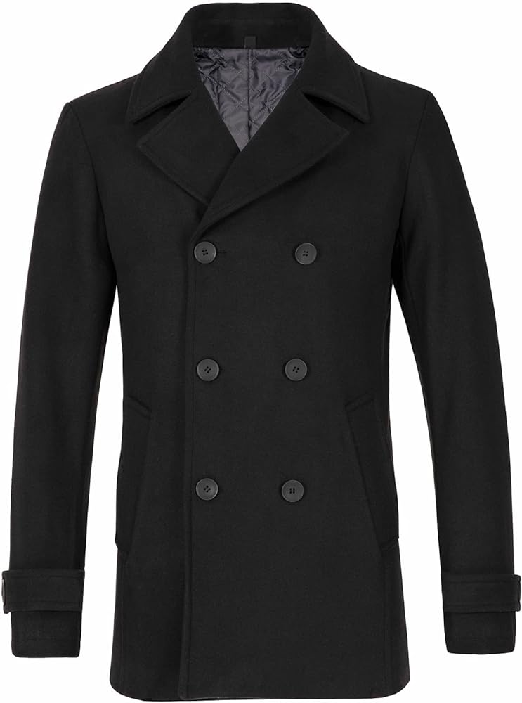 ThCreasa Mens Classic Double Breasted Pea Coat Wool Blend Quilted Lined Notched Collar Overcoat Trench Coat