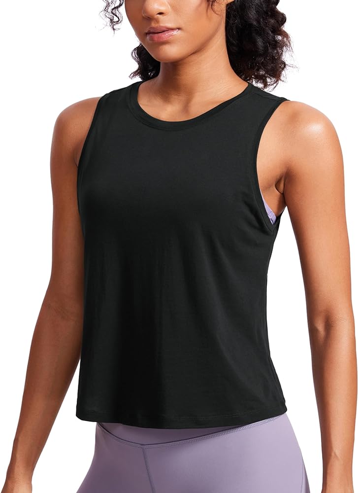 CRZ YOGA Pima Cotton Cropped Tank Tops for Women Workout Crop Tops High Neck Sleeveless Athletic Gym Shirts