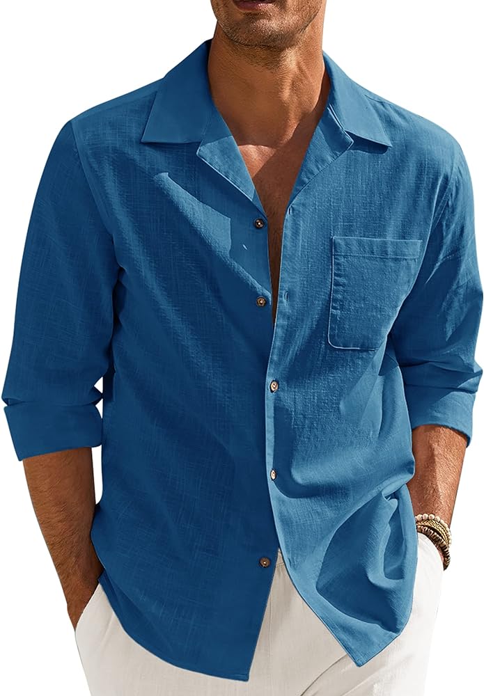 COOFANDY Men Long Sleeve Linen Shirts Holiday Summer Beach Wear Button Down Shirts Blue